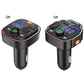 Car Bluetooth FM transmitter with LED screen, orange EQ button, and built-in USB ports