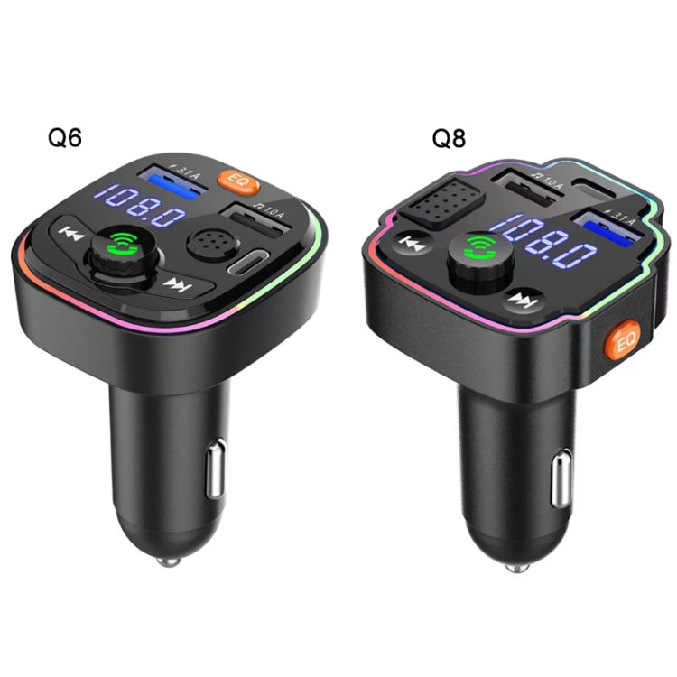 Car Bluetooth FM transmitter with LED screen, orange EQ button, and built-in USB ports