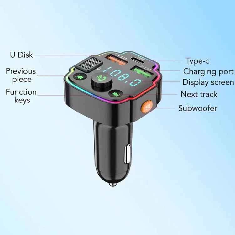 Car Bluetooth FM transmitter with type-C charging port and mini USB subwoofer controls