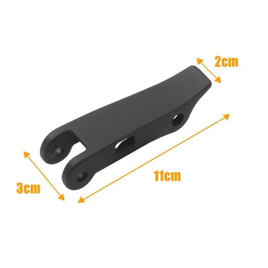 Spanner buckle for folding scooter, dark metal bar with oval cutout and holes