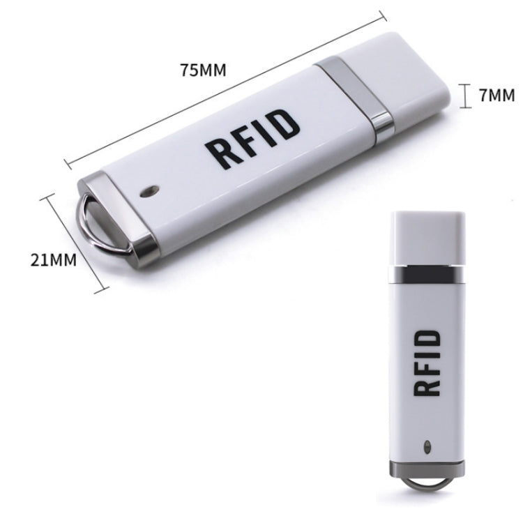 White RFID USB reader keychain with metal clasp and compact body labeled RFID