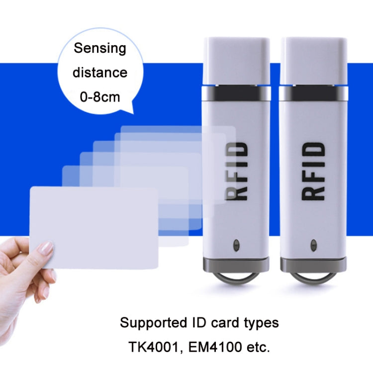 Dual RFID USB readers showing sensing distance up to 0–8 cm