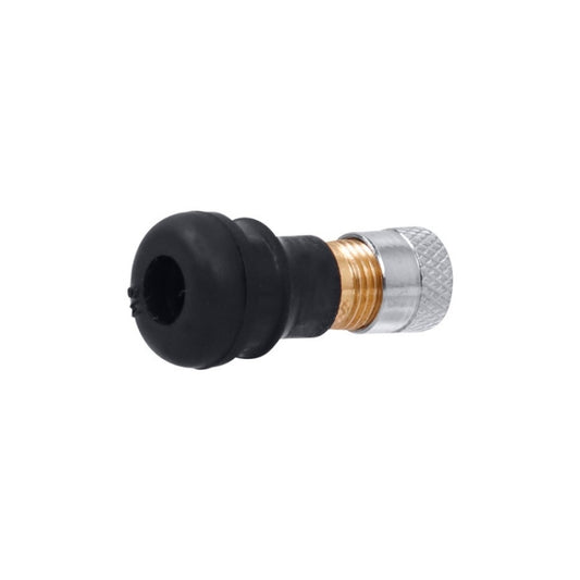 Vacuum tire nozzle adapter with black rubber boot and silver knurled end, copper threaded