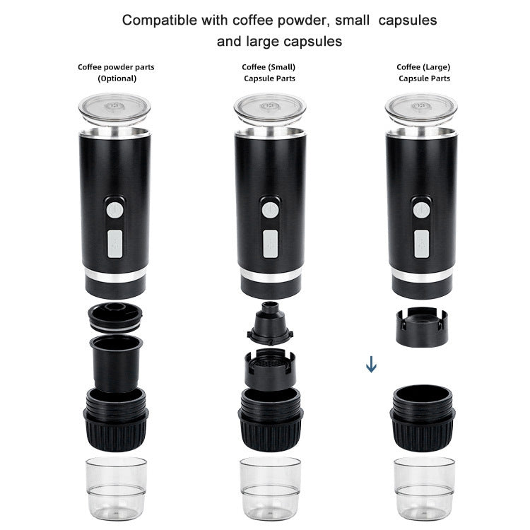 Portable espresso maker with capsule adapters and clear cups, showing small and large sizes