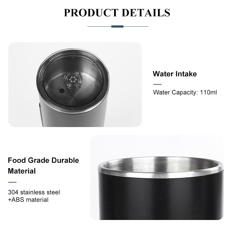 Portable espresso maker details, water intake opening and stainless steel inner cup