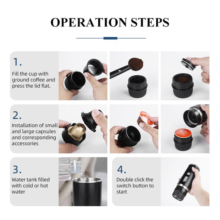 Portable espresso maker operation, filling pod cup and inserting capsule components