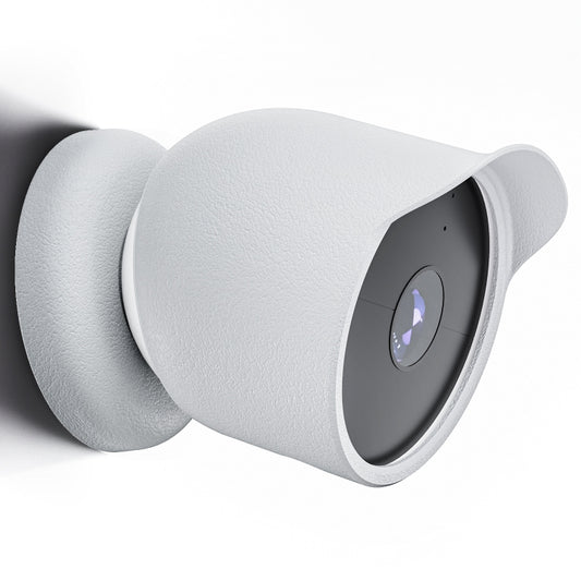 White silicone water-resistant cover with curved brim for outdoor Google Nest camera