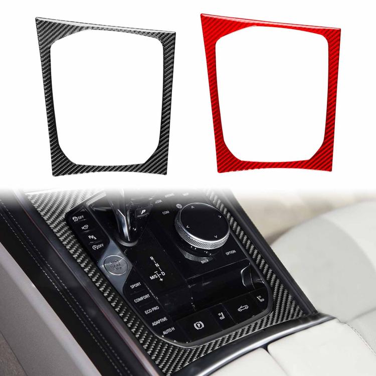 Pair of carbon-fiber shift panel frame stickers in black and red, left-hand drive