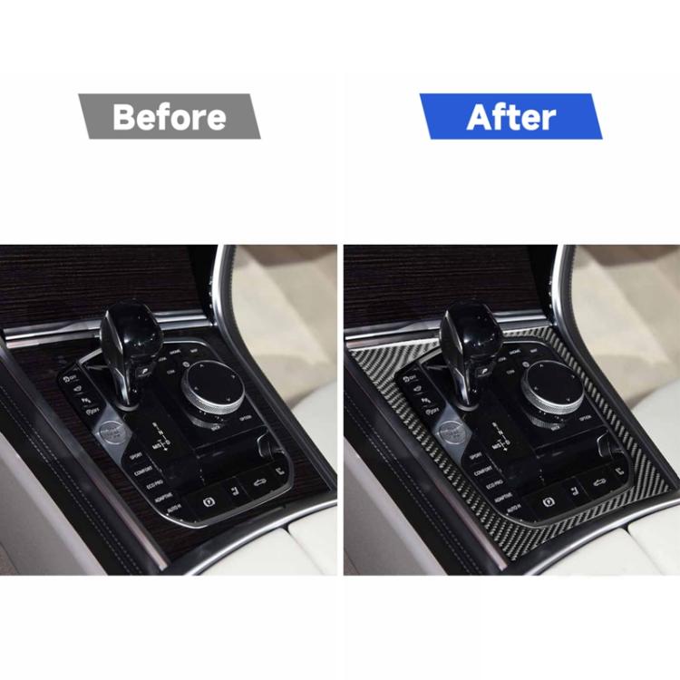 Central console shift area with black carbon-fiber style trim frame sticker