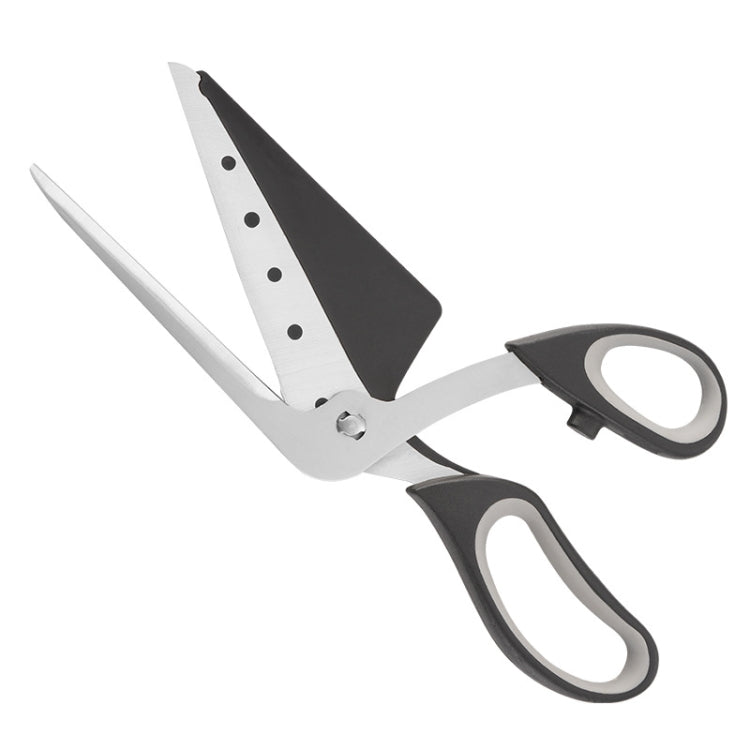 Stainless steel pizza scissors with black grips, open blades for cutting