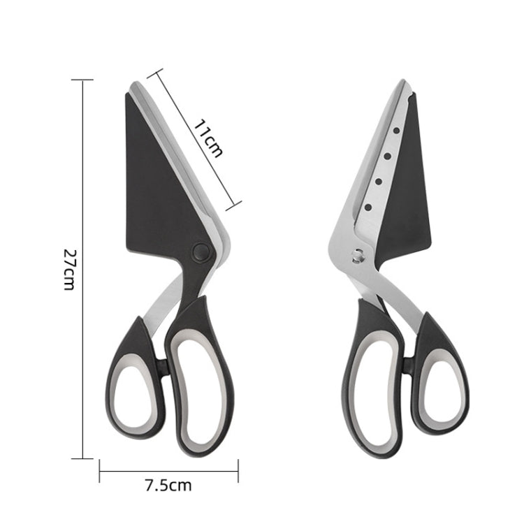 Black-and-silver pizza scissors with size markings shown