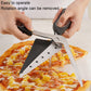 Pizza cutting scissors cutting a cheese-and-topping slice on a countertop