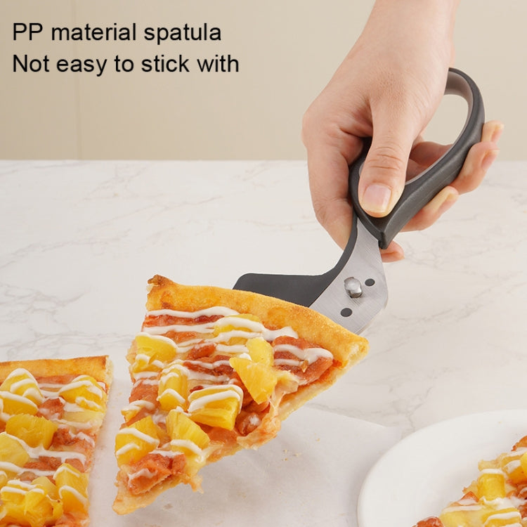 Pizza scissors with spatula blade lifting a slice, black handle and steel panel
