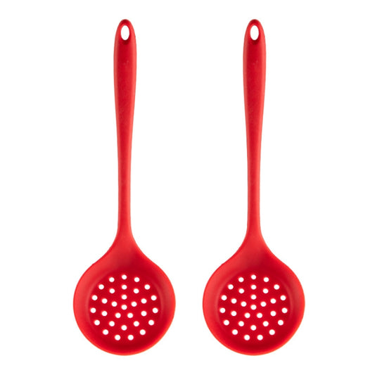 Red silicone slotted skimmer spoon with perforated head and loop handle.