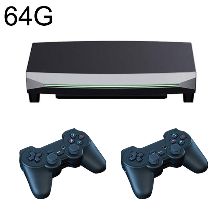 H6 64G gaming console with two dark blue game controllers