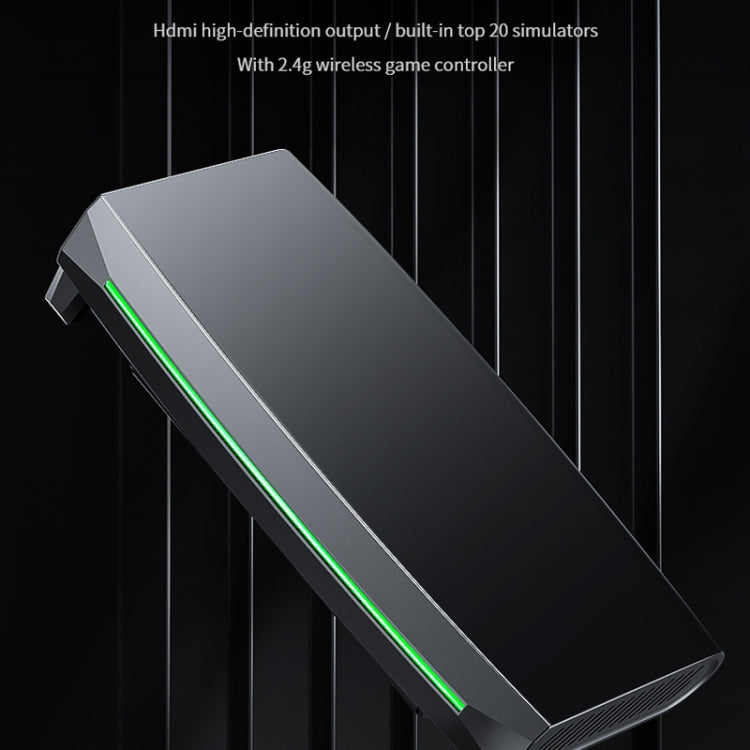 H6 gaming console angled view with green LED stripe and vented side