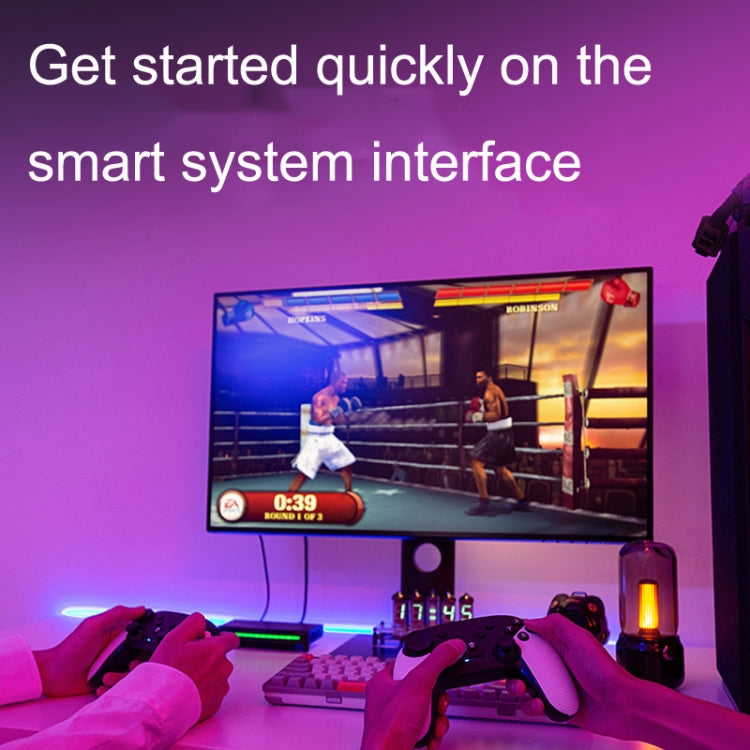 Gaming setup with TV screen and two hands holding a game controller