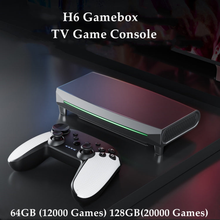 H6 gamebox TV console with black-and-white controller and green LED stripe