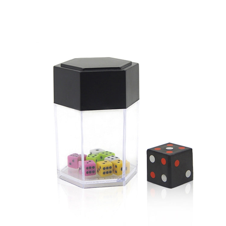 Black cube dice prop in clear plastic display with mixed color dice