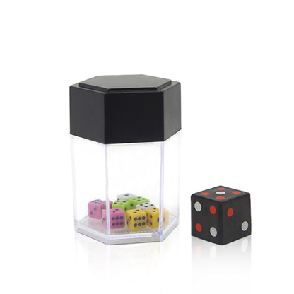 Black cube dice prop in clear plastic display with mixed color dice