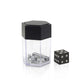 Black-lidded dice prop in clear plastic display with white dice and black die