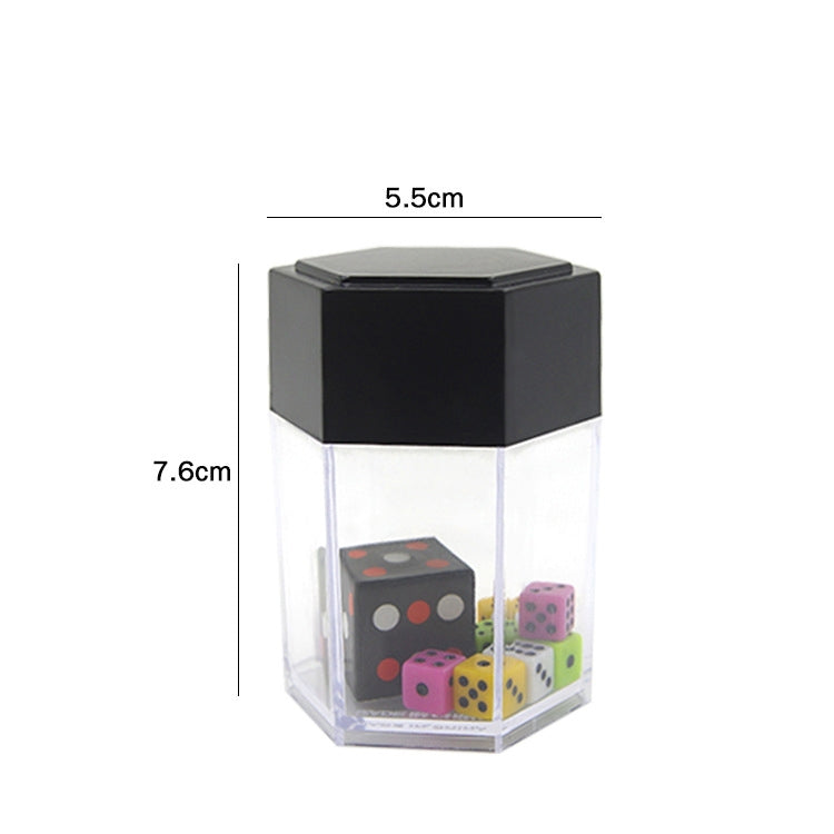 Black-lidded dice prop box, 7.6 cm tall, with mixed dice inside