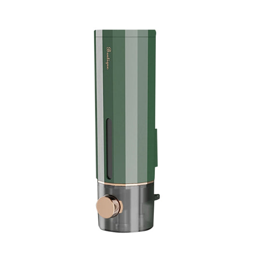 Wall-mounted dark green liquid soap dispenser with rose-gold pump button