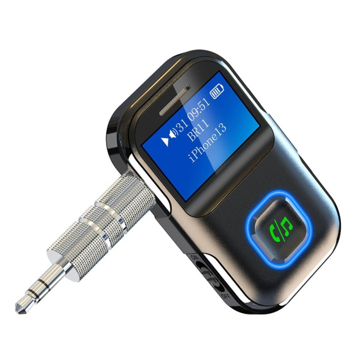 Bluetooth audio receiver with LCD screen, 3.5mm AUX plug, and blue LED control button