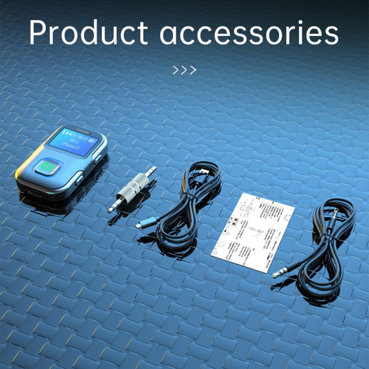 Bluetooth audio receiver kit with screen, AUX cable, charging cables, and accessory items