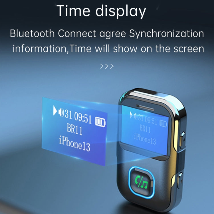 Bluetooth audio receiver with glowing blue LCD screen and illuminated control button