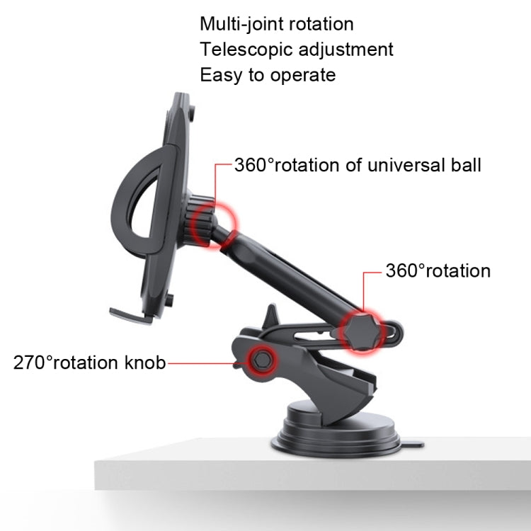 Car phone holder with telescopic arm and multi-joint 360° rotating mount