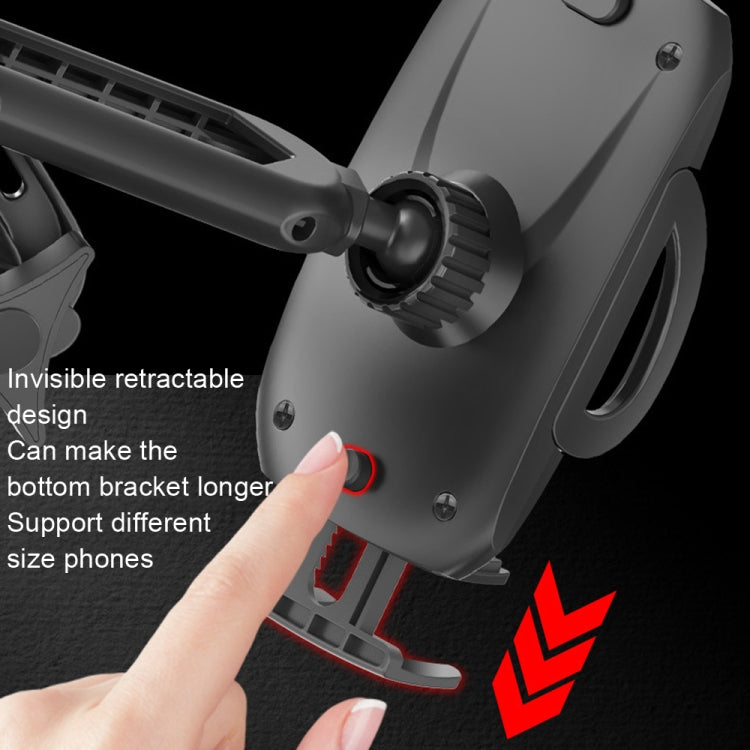 Car phone mount with retractable base knob, shown being adjusted by a hand