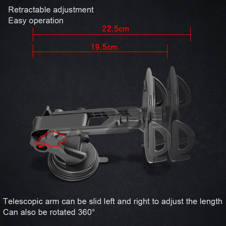 Car phone holder with retractable adjustment and sliding telescopic arm