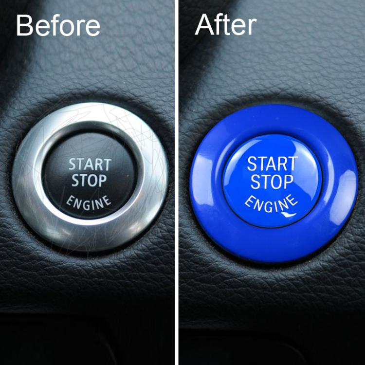 Blue start/stop engine button cover upgrade shown, before and after