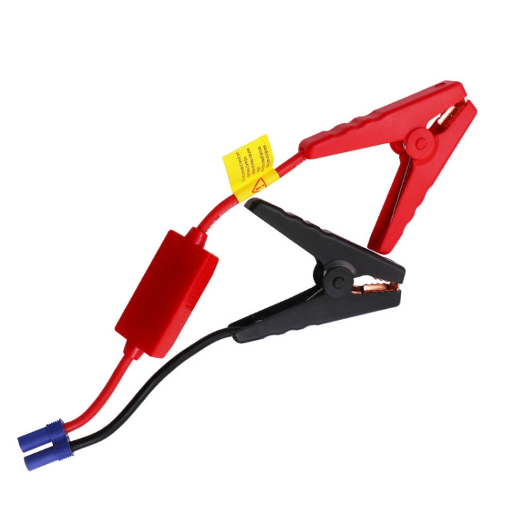 Car battery jumper cable with large clips, red clamp and black clip with connector ends