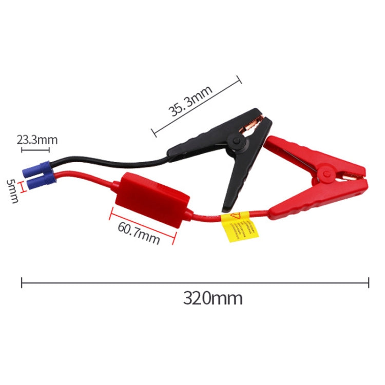 Car battery jumper cable with large clips, marked dimensions and 320mm cable length