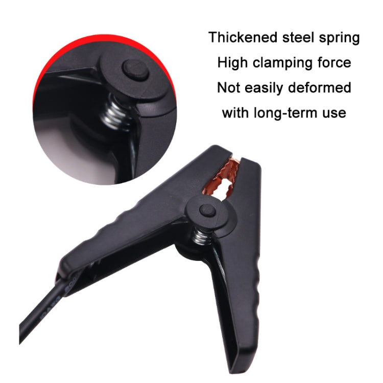 Large battery clip with thick spring clamp mechanism, black jaw and red contact arm