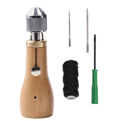 Leather hand sewing machine tool with wooden handle, metal needle holder and thread spool