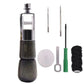 Leather hand sewing machine tool with dark wooden handle and accessories, black thread spool