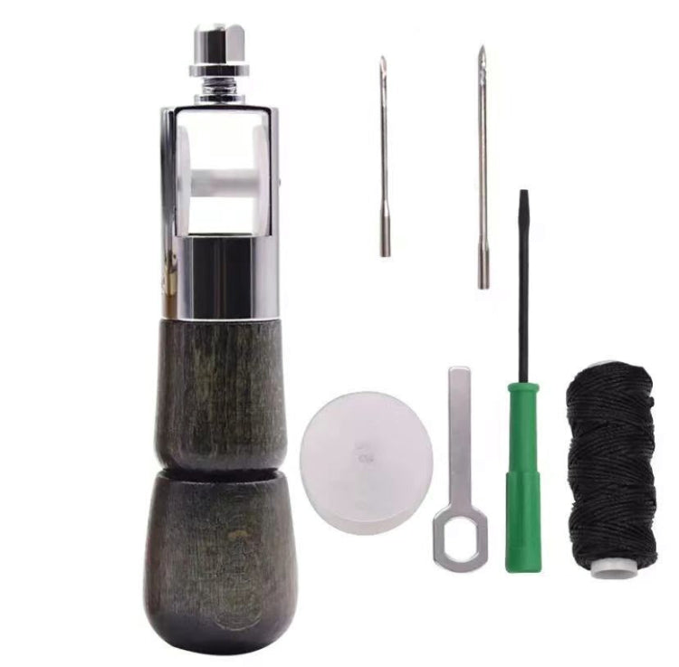 Leather hand sewing machine tool with dark wooden handle and accessories, black thread spool