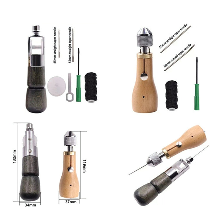 Leather hand sewing machine tool kit with wooden hand punch, needles, spool and thread