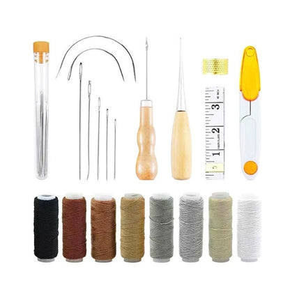 Leather craft tool set with needles, awl, thread spools, and measuring gauge