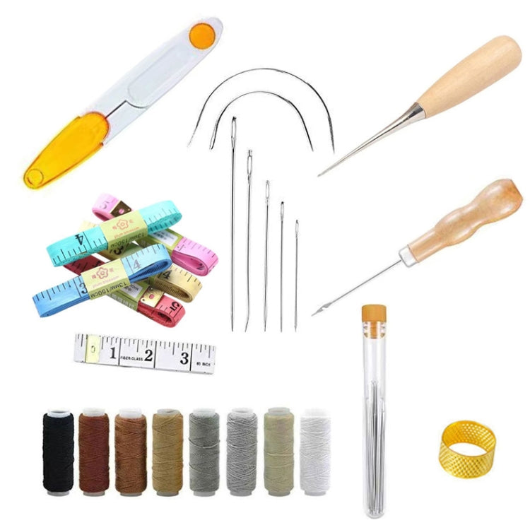 Leather craft tool set with needles, wooden awl handles, measuring tapes, and thread rolls