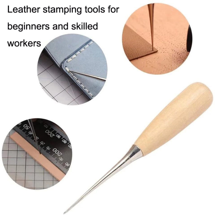 Leather craft needle tool with wooden handle and pointed metal tip