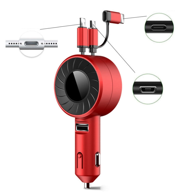 Retractable dual USB car charger with red body and black rotating hub, two ports visible