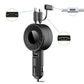 Retractable dual USB car charger with dark body and black rotating hub, two ports shown