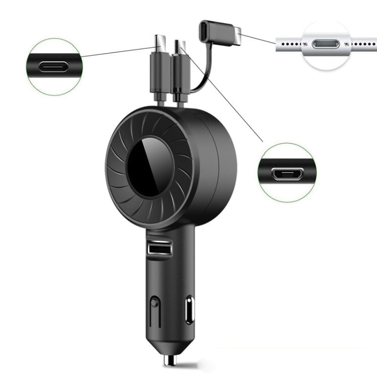 Retractable dual USB car charger with dark body and black rotating hub, two ports shown