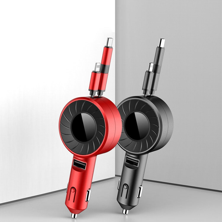Two retractable dual USB car chargers side by side: red and black rotating hub