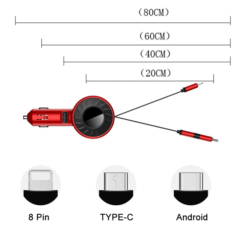 Red retractable car charger with retractable cables and USB connector types chart