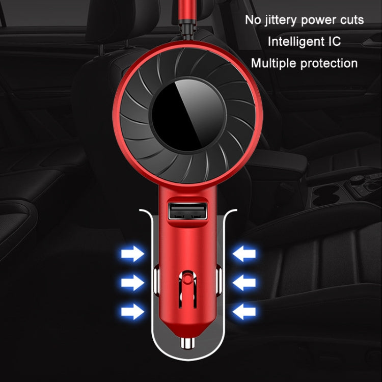 Red retractable dual USB car charger showing rotating hub and front USB port